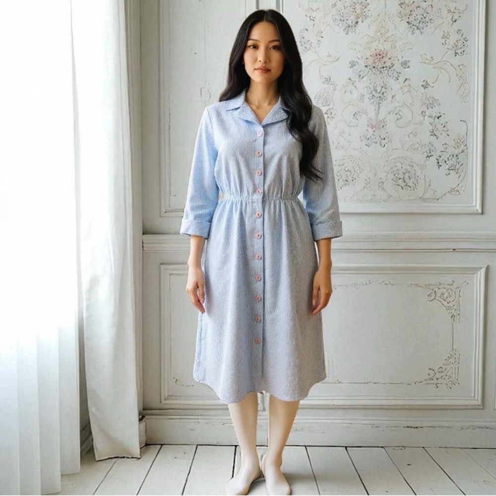 Vintage 80’s Florentine Petites Gingham Midi Dress In Light Blue & White Gingham